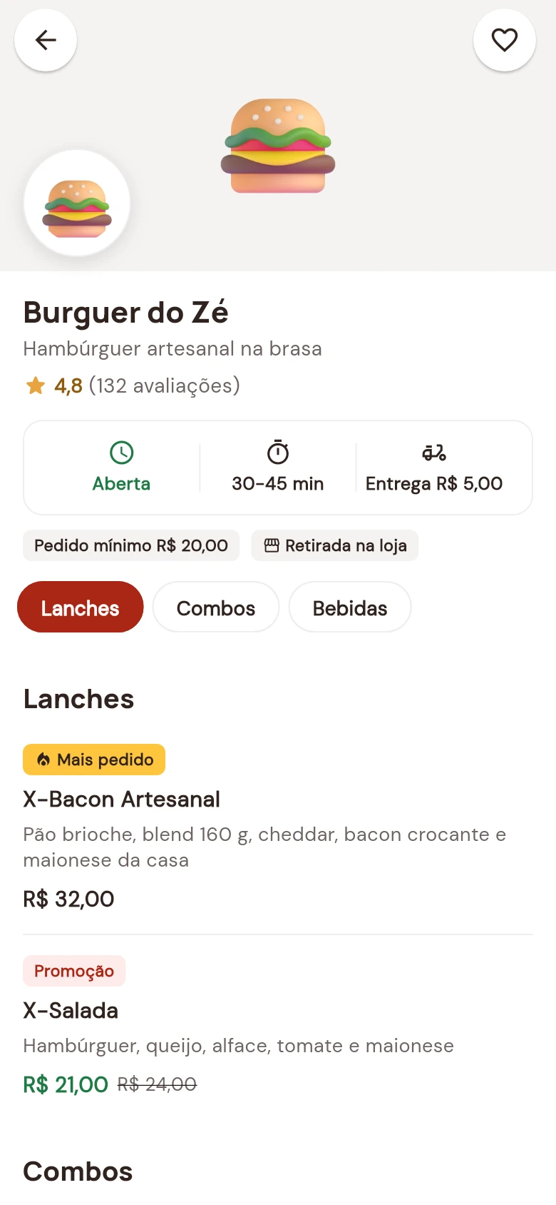 Cardápio real do aplicativo Cliente com produtos de demonstração