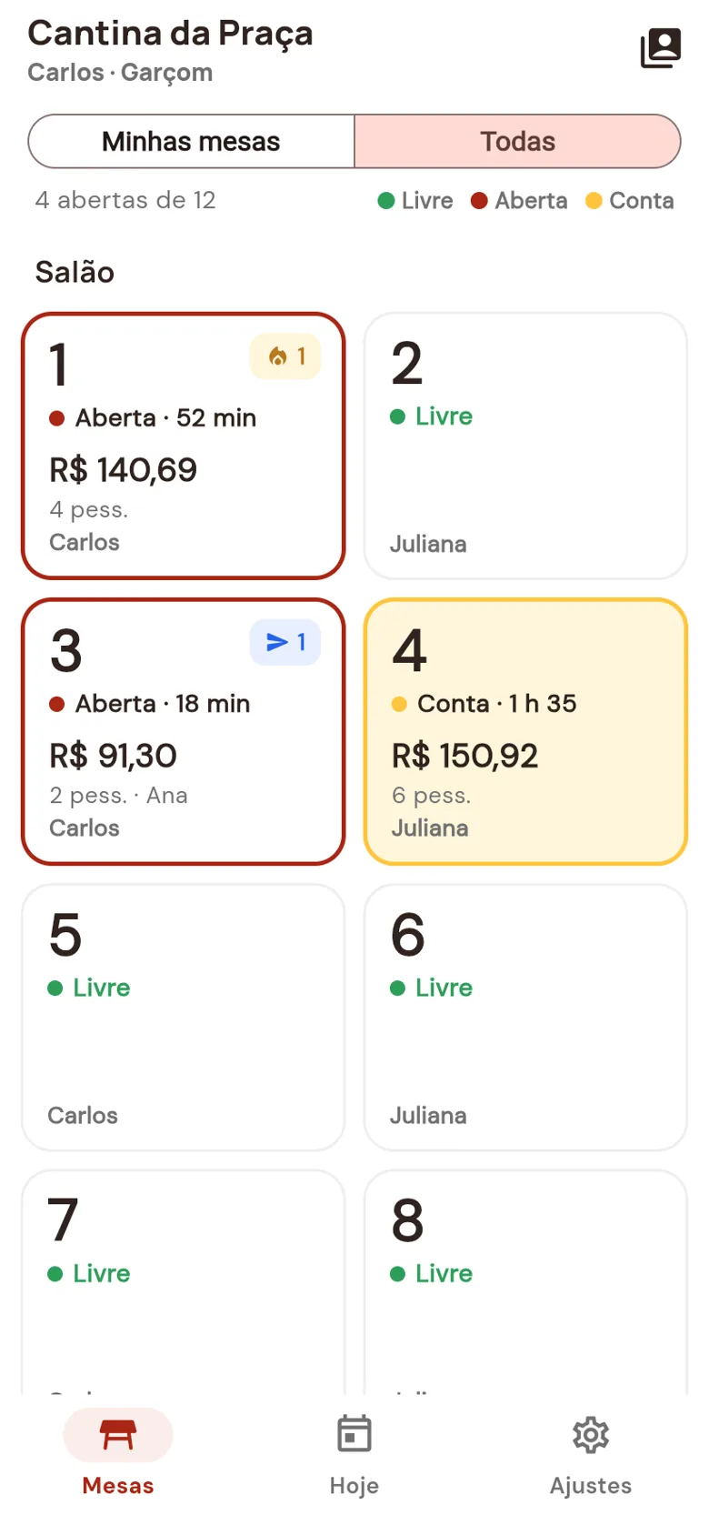 Interface real do Eaí Chef Garçom, com dados de demonstração