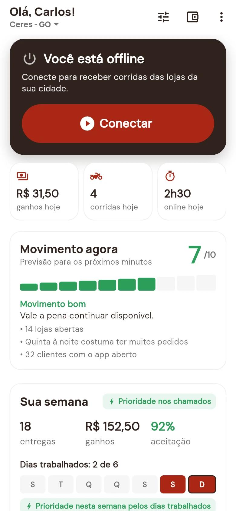 Tela real do aplicativo Parceiros com dados de demonstração de entregador